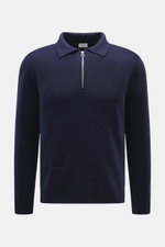 04651/ A trip in a bag Strickpolo navy aus Merinowolle und Cashmere, Slim Fit, feines Strickbild, Polokragen mit Zipper, Rippbündchen, Frontansicht.