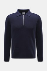 04651/ A trip in a bag Strickpolo navy aus Merinowolle und Cashmere, Slim Fit, feines Strickbild, Polokragen mit Zipper, Rippbündchen, Frontansicht.