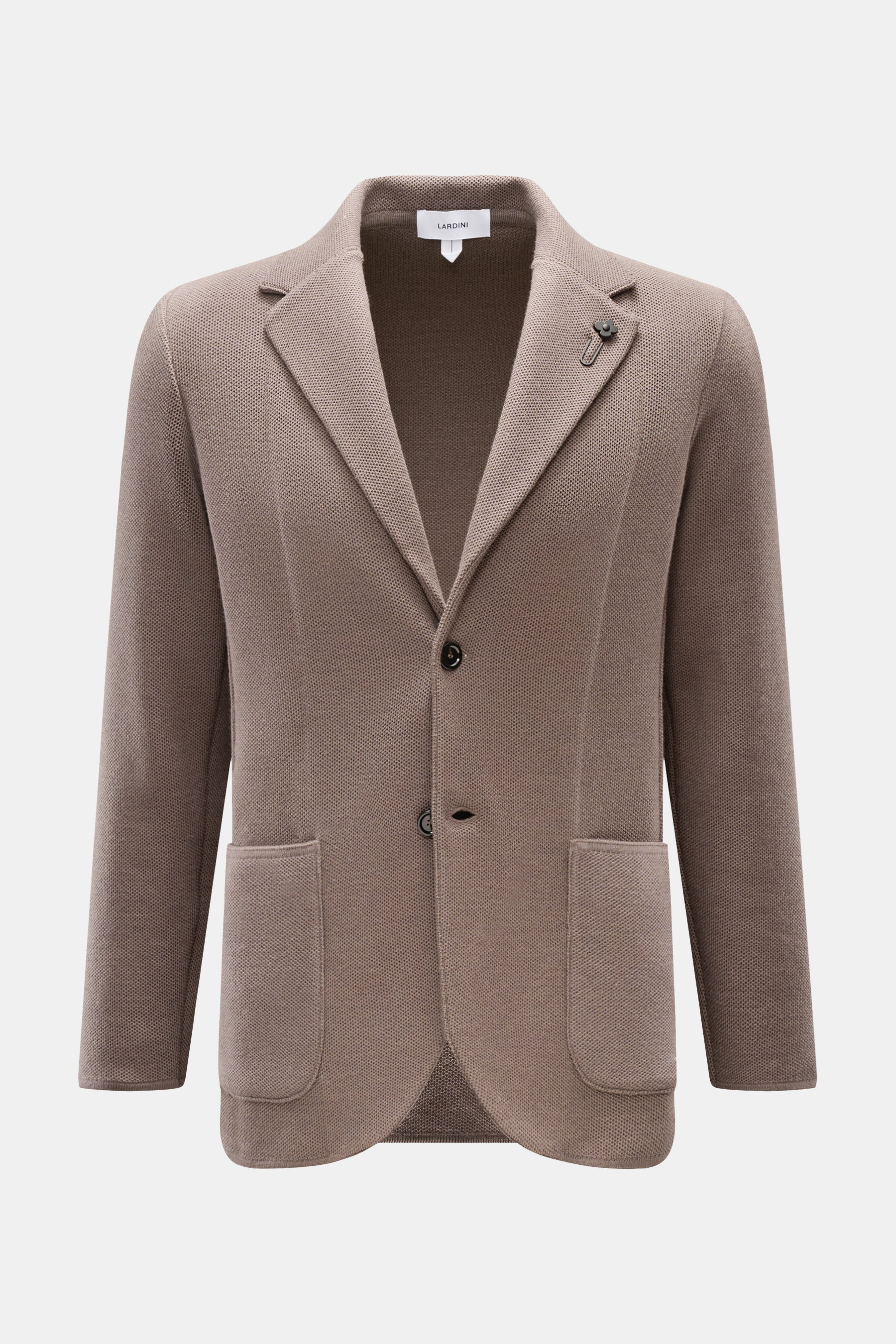 Lardini Strickblazer graubraun, taillierter Slim Fit, aus Wolle, Seide, Cashmere, mit strukturierter Oberfläche, Blütenpin am Revers, frontale Perspektive.