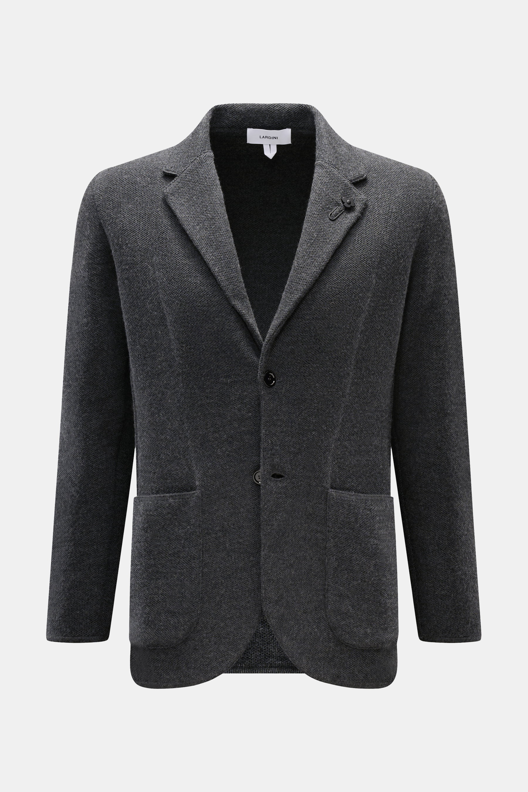 Lardini Strickblazer dunkelgrau meliert, tailliert, Slim Fit, aus Wolle, Seide, Cashmere mit Blütenpin am Revers, Vorderansicht, zwei Knöpfe, Hüfttaschen.