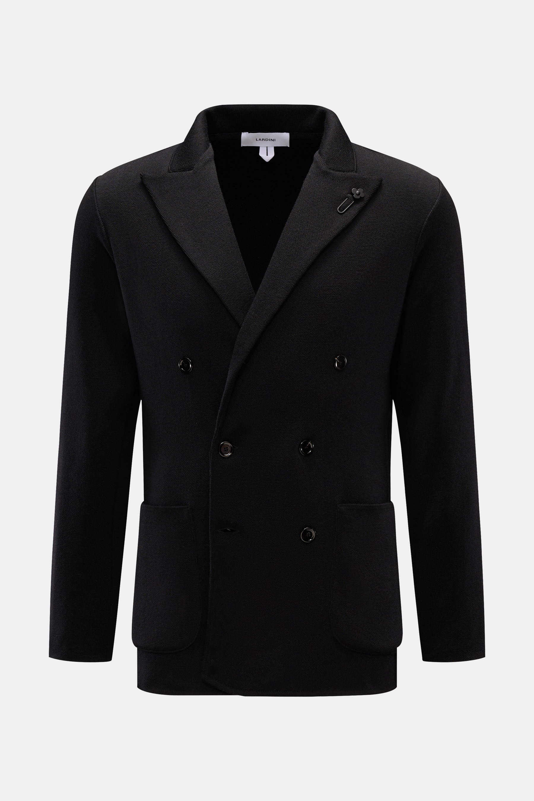 Lardini Strickblazer schwarz, Slim Fit, aus reiner Wolle, zweireihig mit drei Knöpfen, Revers mit Blütenpin, frontal fotografiert.