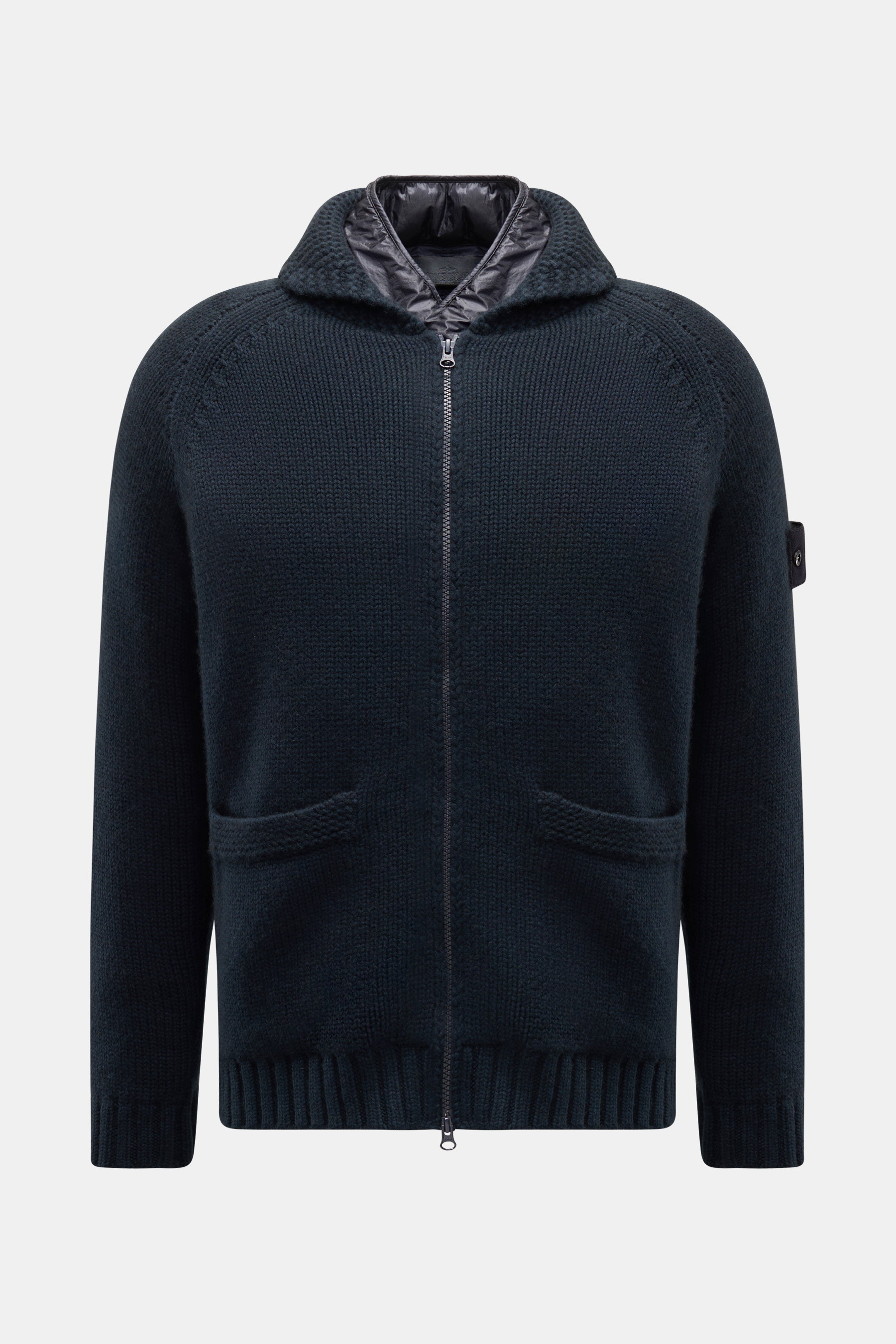 Stone Island Cashmere Strickjacke 'Ghost Piece' navy, frontale Ansicht, mit Kapuze, Zwei-Wege-Reißverschluss, reiner Cashmere, herausnehmbares Futter, Slim Fit.