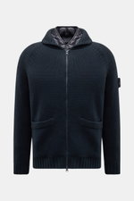 Stone Island Cashmere Strickjacke 'Ghost Piece' navy, frontale Ansicht, mit Kapuze, Zwei-Wege-Reißverschluss, reiner Cashmere, herausnehmbares Futter, Slim Fit.