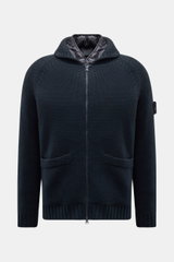 Stone Island Cashmere Strickjacke 'Ghost Piece' navy, frontale Ansicht, mit Kapuze, Zwei-Wege-Reißverschluss, reiner Cashmere, herausnehmbares Futter, Slim Fit.