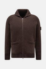 Stone Island Cashmere Strickjacke 'Ghost Piece' dunkelbraun, frontale Ansicht, reiner Cashmere, Kapuze, Zwei-Wege-Reißverschluss, Slim Fit.