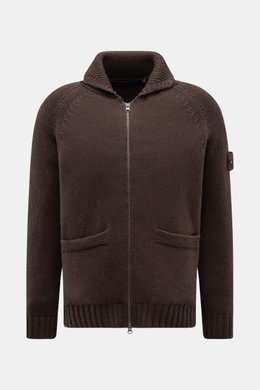 Stone Island Cashmere Strickjacke 'Ghost Piece' dunkelbraun, frontale Ansicht, reiner Cashmere, Kapuze, Zwei-Wege-Reißverschluss, Slim Fit.