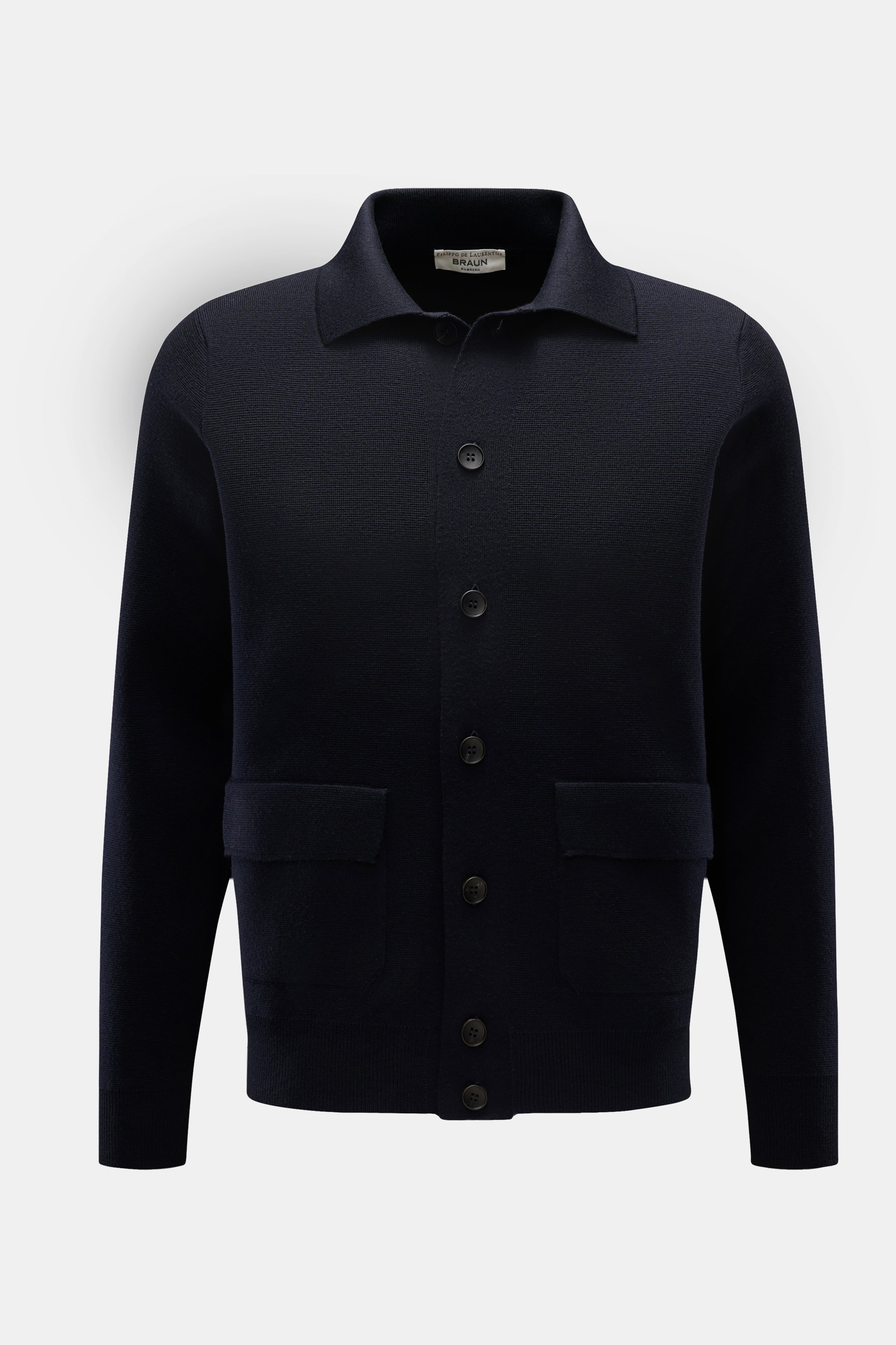 Filippo de Laurentiis Merino Cardigan navy in Frontansicht, Regular Fit, reine Merinowolle, Umlegekragen, Knopfleiste, aufgesetzte Taschen, Rippbündchen.