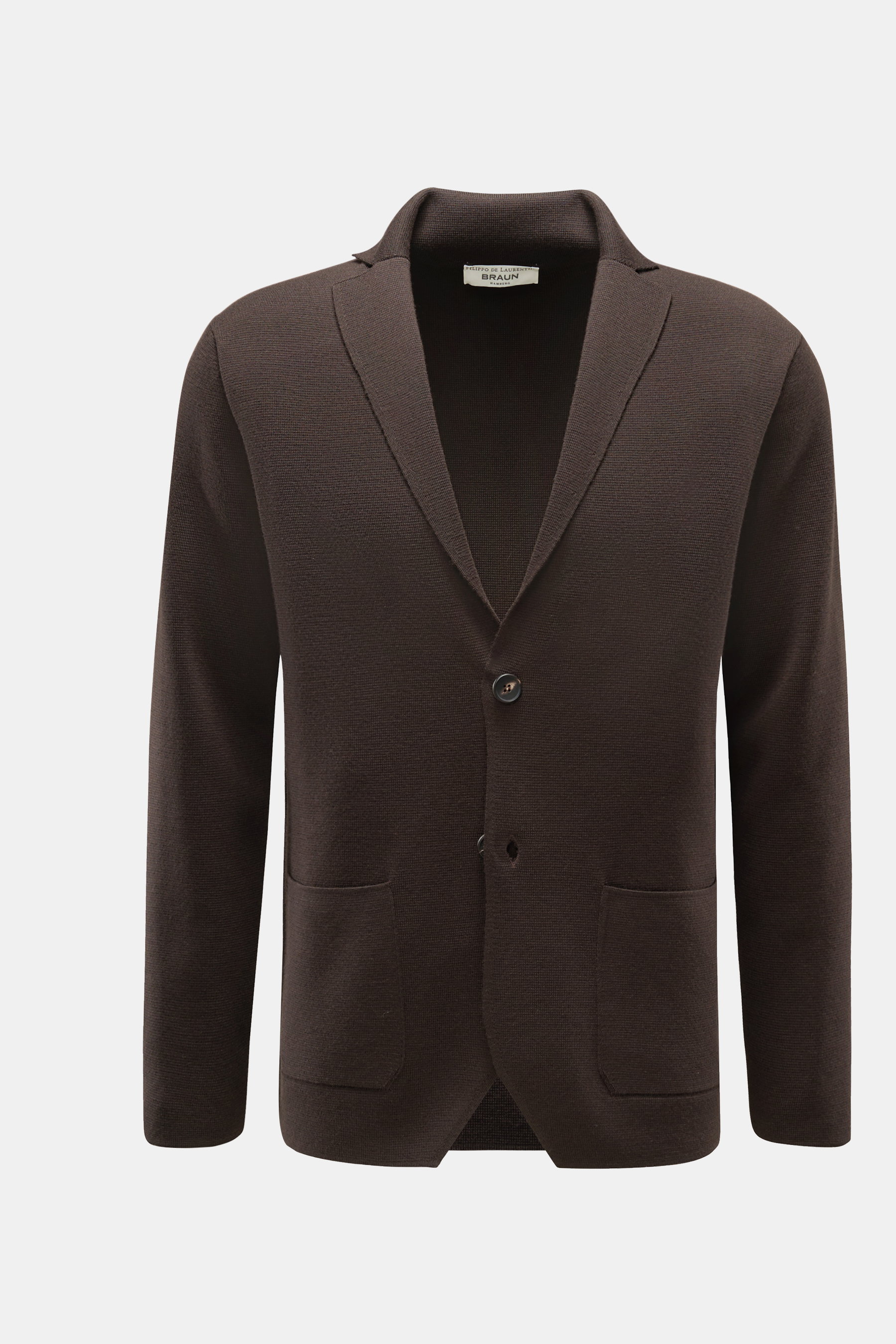 Filippo de Laurentiis Merino Cardigan dunkelbraun, Frontansicht, Slim Fit, Reverskragen, Zwei-Knopf-Leiste, Fronttaschen, reine Merinowolle, schwer, fein gestrickt, strukturierter Griff.