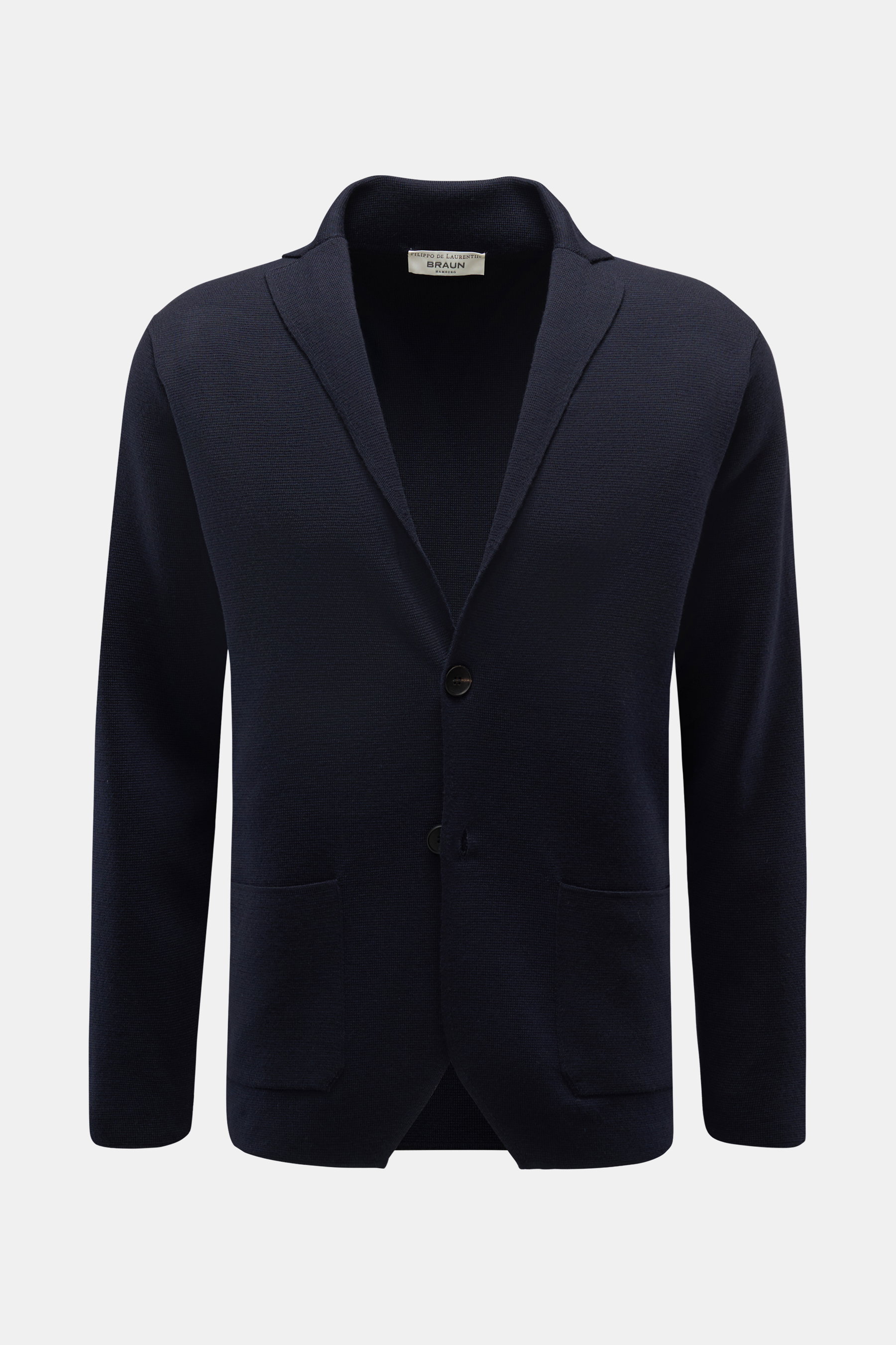 Filippo de Laurentiis Merino Cardigan navy, frontal fotografiert, Slim Fit, reine Merinowolle, schwere fein gestrickte Qualität, strukturierter Griff, Zwei-Knopf-Leiste, Reverskragen, aufgesetzte Fronttaschen.