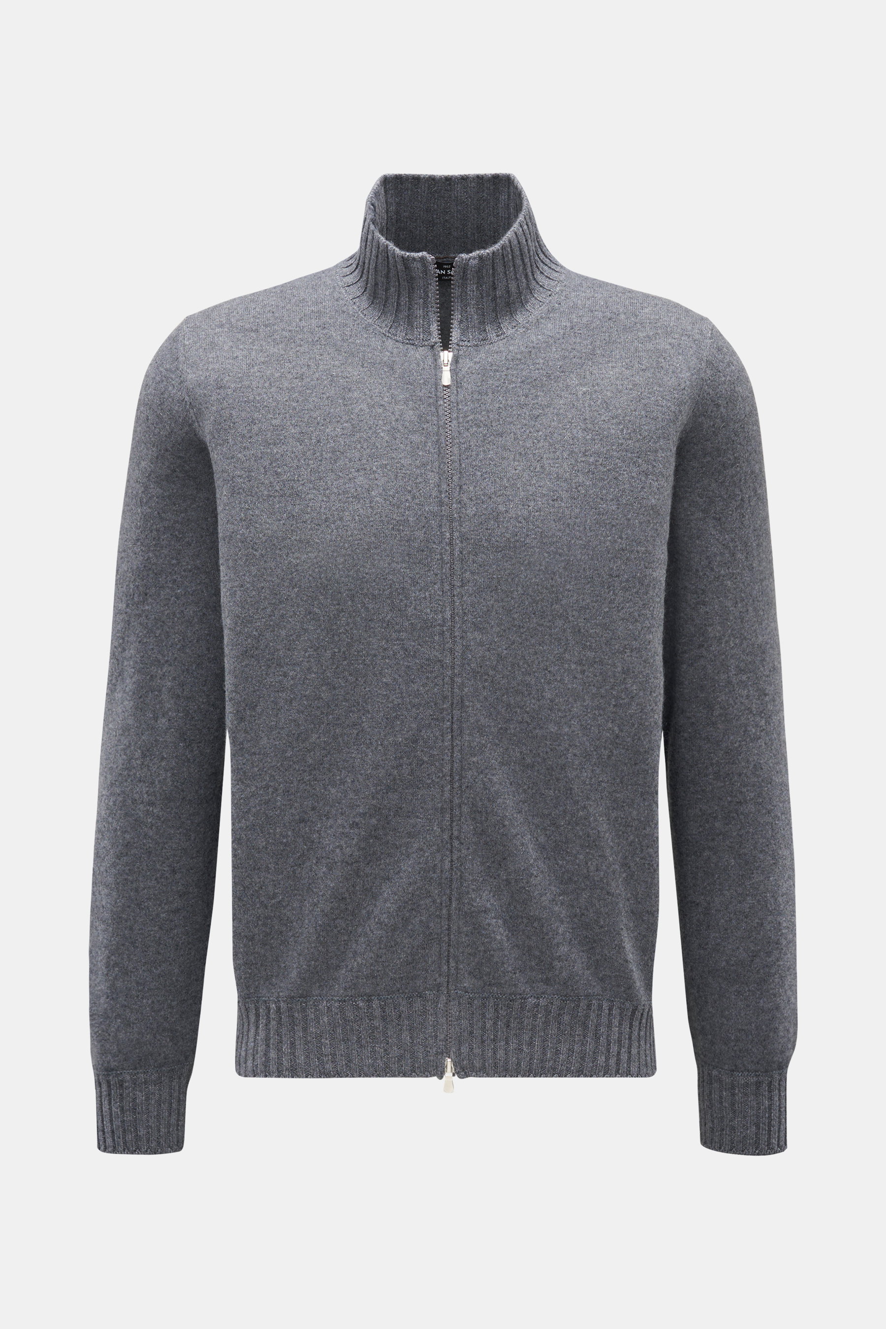 Gran Sasso Cashmere Strickjacke dunkelgrau meliert in Slim Fit, aus reinem, weichem Cashmere mit feinem Strickbild, Zwei-Wege-Reißverschluss, elastischen Rippbündchen, frontal fotografiert.