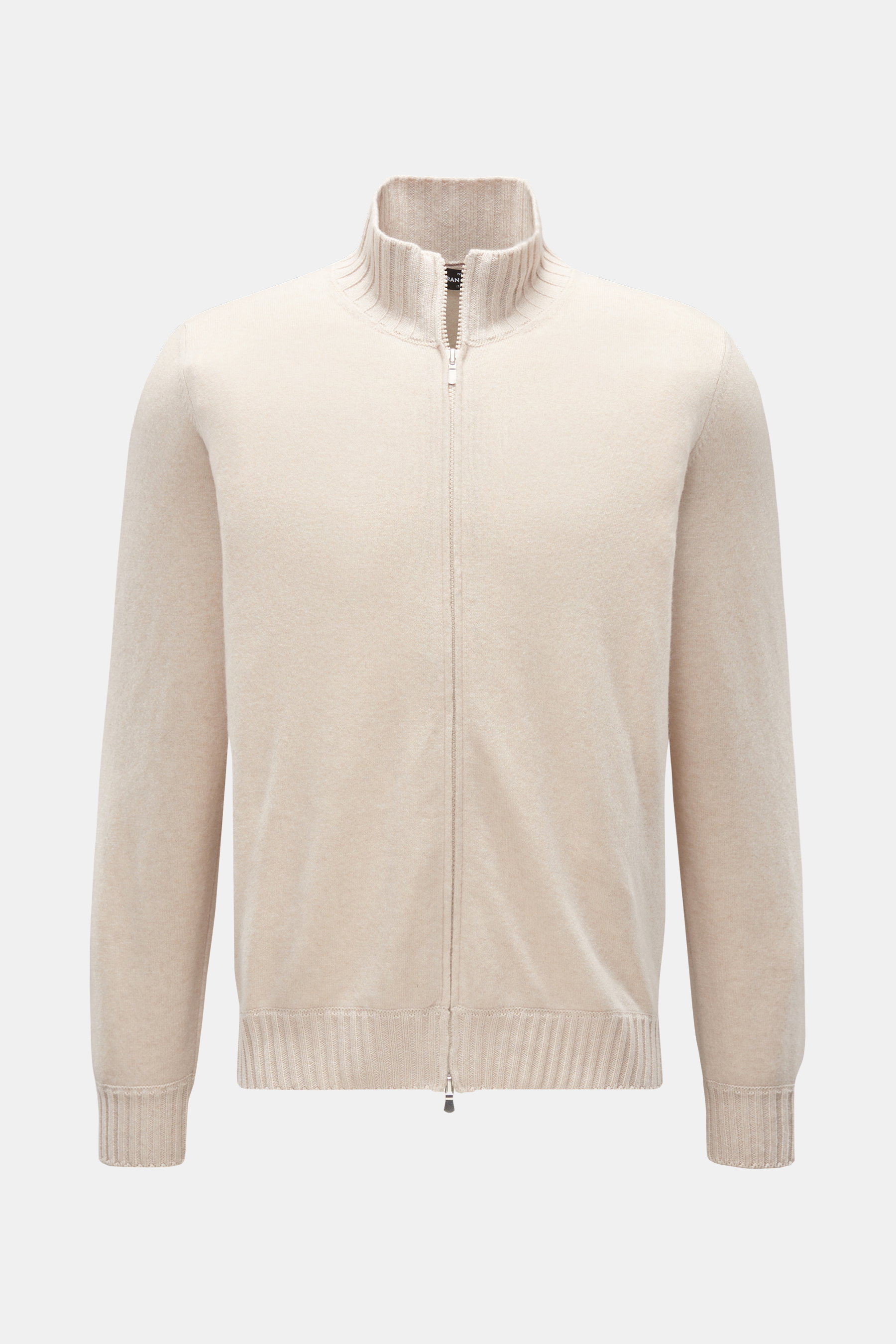Gran Sasso Cashmere Strickjacke sand in Slim Fit, frontale Ansicht, aus reinem, sehr weichem Cashmere mit feinem Strickbild, Zwei-Wege-Reißverschluss, elastischen Rippbündchen.