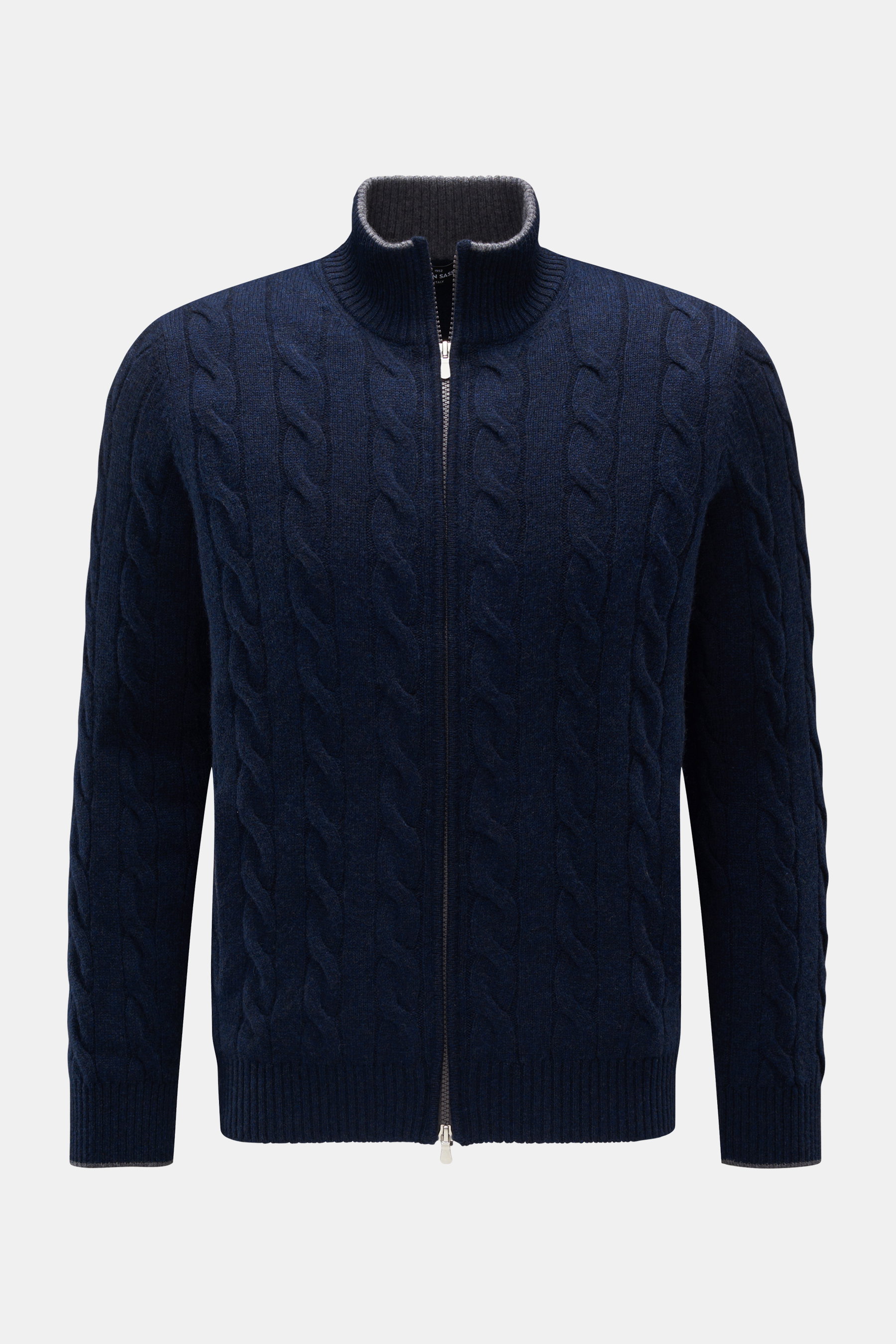 Gran Sasso Cashmere Strickjacke navy, frontale Ansicht, Zopfstrick, Slim Fit, reiner Cashmere, Stehkragen, Zwei-Wege-Reißverschluss, Hüfttaschen, Rippbündchen, weich.