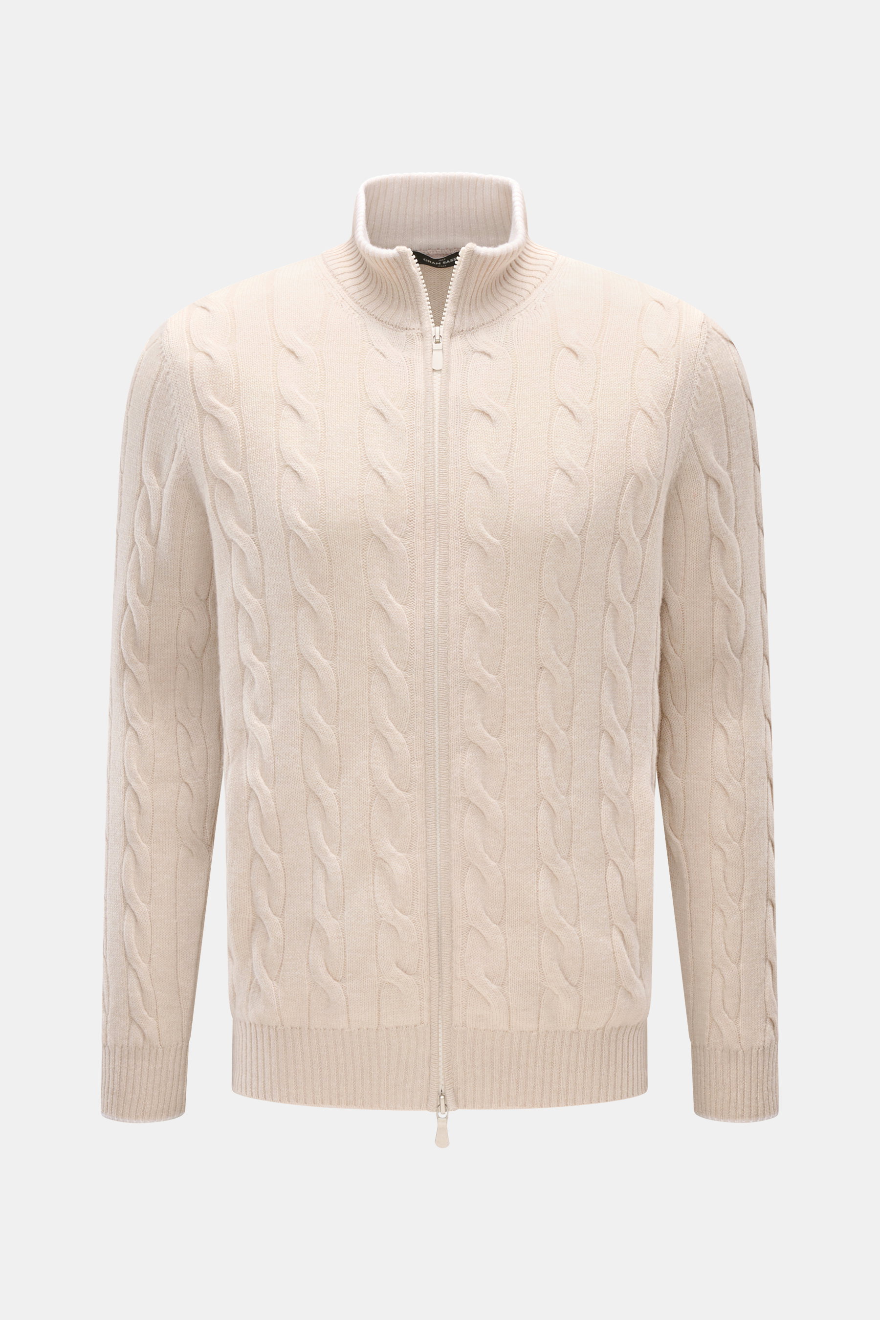 Gran Sasso Cashmere Strickjacke sand, frontale Ansicht, Zopfstrick-Design, Slim Fit, Stehkragen, Zwei-Wege-Reißverschluss, Hüfttaschen, weicher Griff