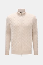 Gran Sasso Cashmere Strickjacke sand, frontale Ansicht, Zopfstrick-Design, Slim Fit, Stehkragen, Zwei-Wege-Reißverschluss, Hüfttaschen, weicher Griff