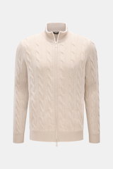 Gran Sasso Cashmere Strickjacke sand, frontale Ansicht, Zopfstrick-Design, Slim Fit, Stehkragen, Zwei-Wege-Reißverschluss, Hüfttaschen, weicher Griff