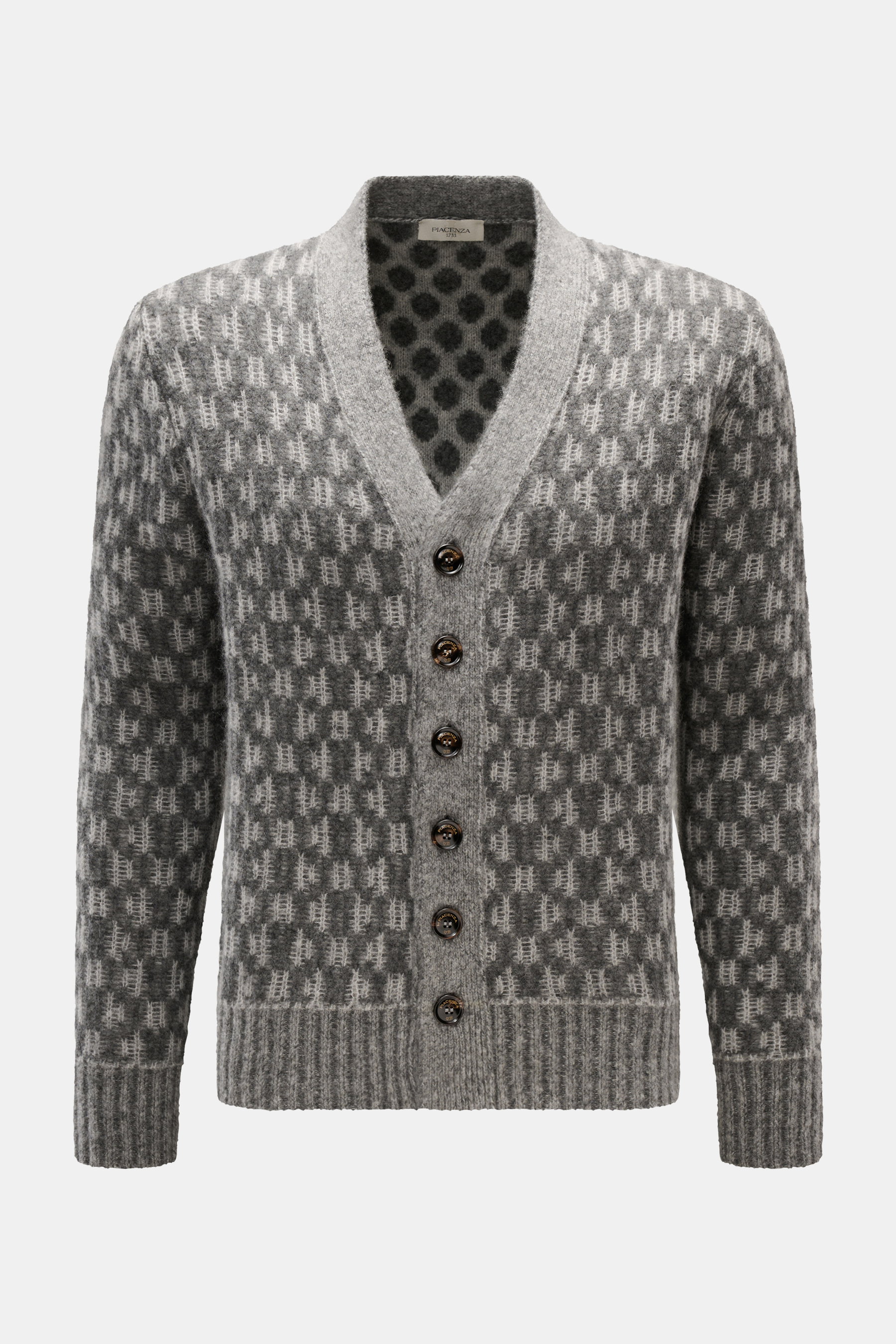 Piacenza 1733 Cardigan hellgrau/dunkelgrau gemustert, Slim Fit, V-Ausschnitt, Sechs-Knopf-Leiste, Wabenmuster, weich, leichte Strickqualität, frontale Nahaufnahme.