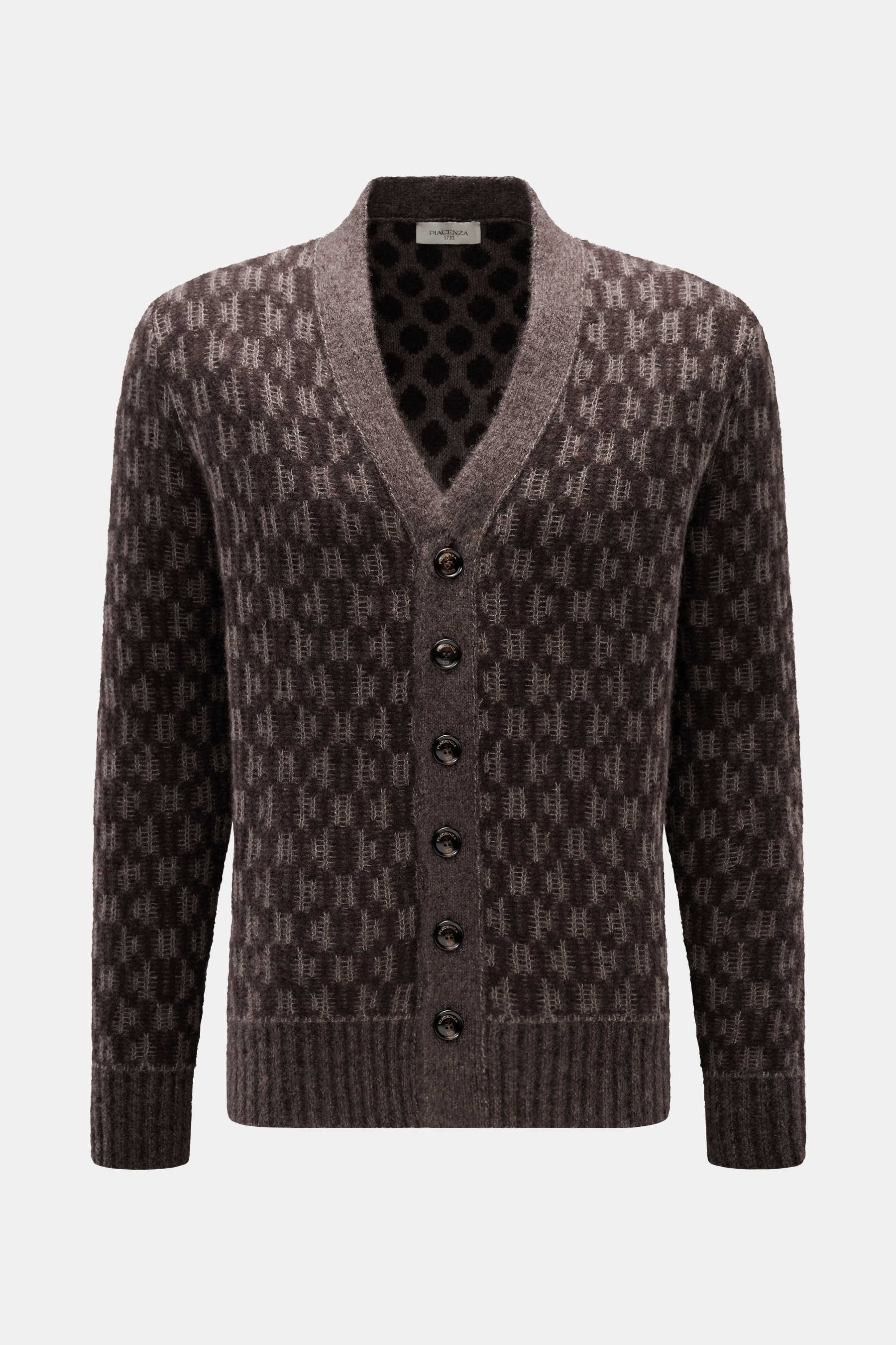 Piacenza 1733 Cardigan graubraun/dunkelbraun gemustert, Slim Fit, V-Ausschnitt, Sechs-Knopf-Leiste, weiches Wabenmuster, frontale Nahaufnahme.