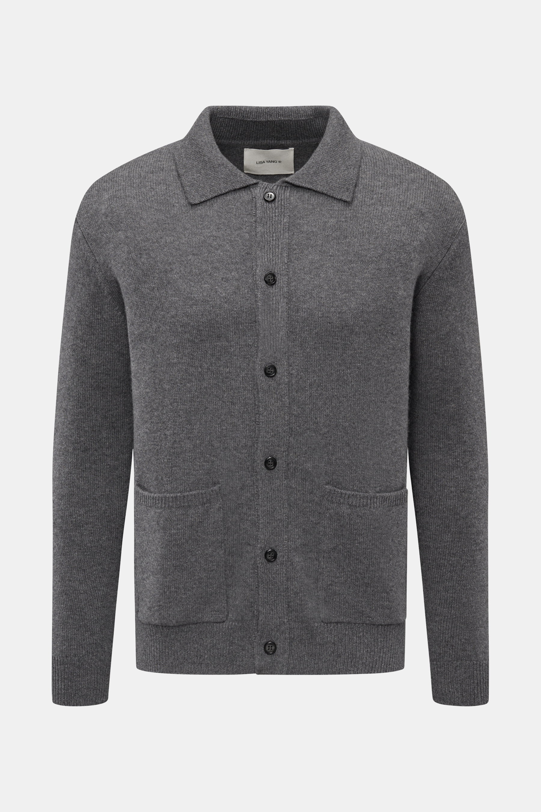 Lisa Yang Cashmere Cardigan 'Maximilian' grau meliert, Slim Fit, mittelfeines Strickbild, Sechs-Knopf-Leiste, aufgesetzte Hüfttaschen, von vorne fotografiert.