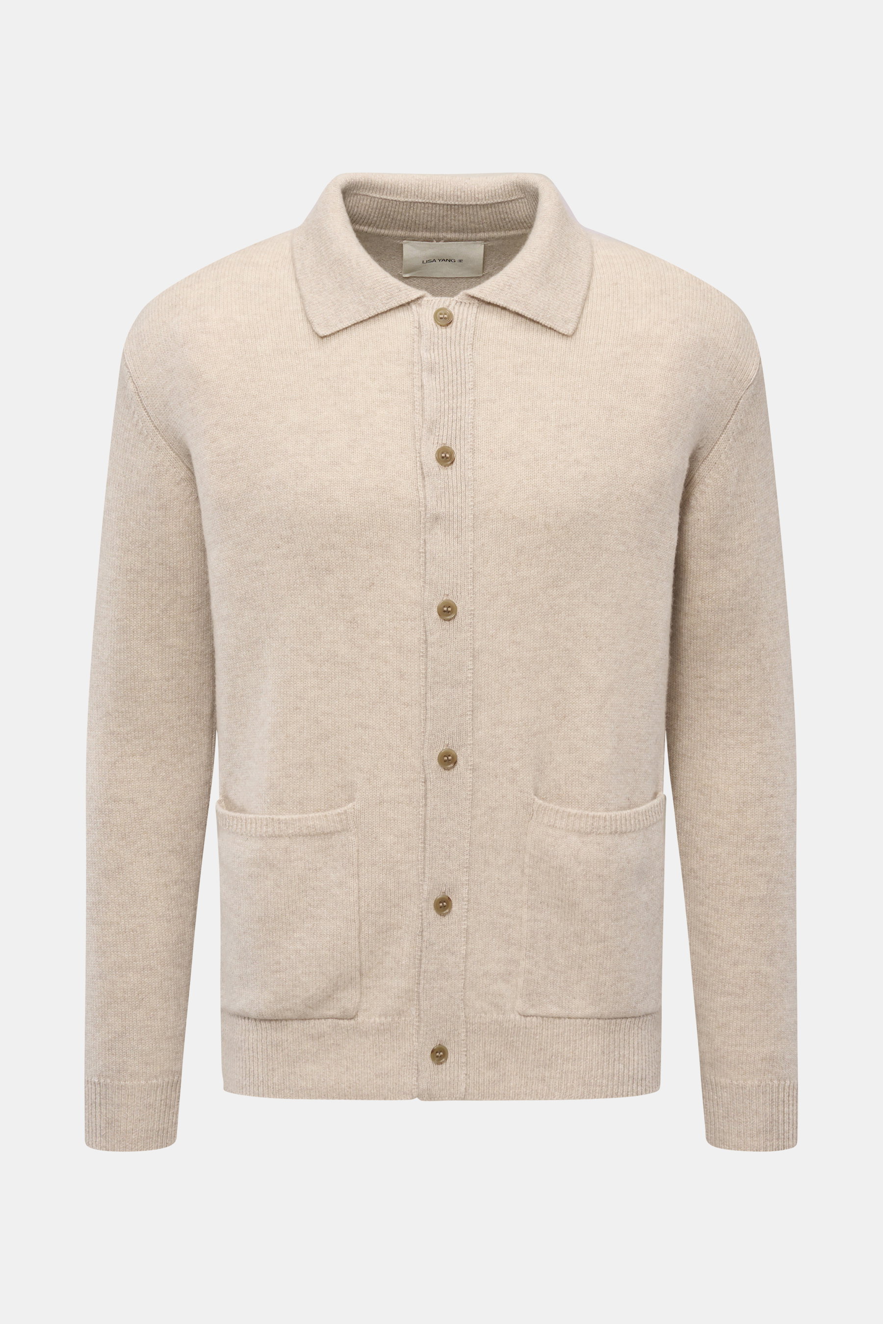 Lisa Yang Cashmere Cardigan 'Maximilian' sand meliert, Frontansicht, Slim Fit, reiner Cashmere, weicher Griff, Sechs-Knopf-Leiste, Hüfttaschen, Rippbündchen.