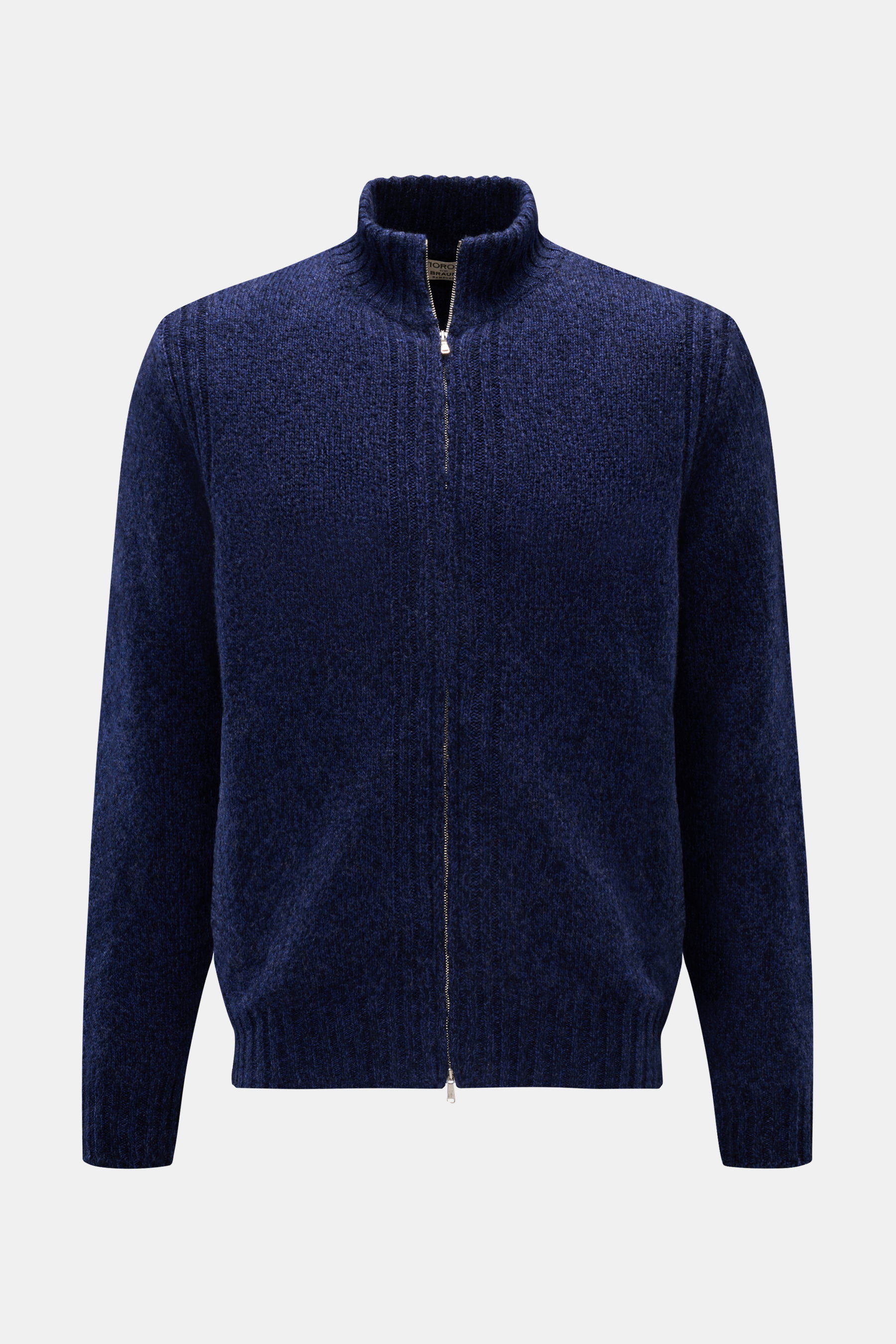Fioroni Cashmere Strickjacke navy meliert, frontal fotografiert, Slim Fit mit zwei-Wege-Reißverschluss, schräge Hüfttaschen, reiner Cashmere, sehr weicher Griff, mittelfeines Strickbild, leichter Bouclé-Effekt, flexible Rippbündchen.