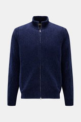 Fioroni Cashmere Strickjacke navy meliert, frontal fotografiert, Slim Fit mit zwei-Wege-Reißverschluss, schräge Hüfttaschen, reiner Cashmere, sehr weicher Griff, mittelfeines Strickbild, leichter Bouclé-Effekt, flexible Rippbündchen.