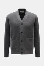 Filippo de Laurentiis Cardigan dunkelgrau meliert, frontal fotografiert, aus weichem Cashmere-Seide-Microfaser-Mix mit Regular Fit, Knopf-Leiste, Hüfttaschen, Rippbündchen.