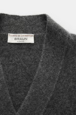 Filippo de Laurentiis Cardigan dunkelgrau meliert, Nahaufnahme von V-Ausschnitt und Label, weiche Mischung aus Cashmere, Seide, Microfaser.