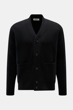 Front view of Filippo de Laurentiis Cardigan black with five-button placket, patch hip pockets, and elasticated rib knit bands.

Description: <p>A soft, luxurious blend of cashmere, silk and high-quality microfibre makes this cardigan by FILIPPO DE LAUREN