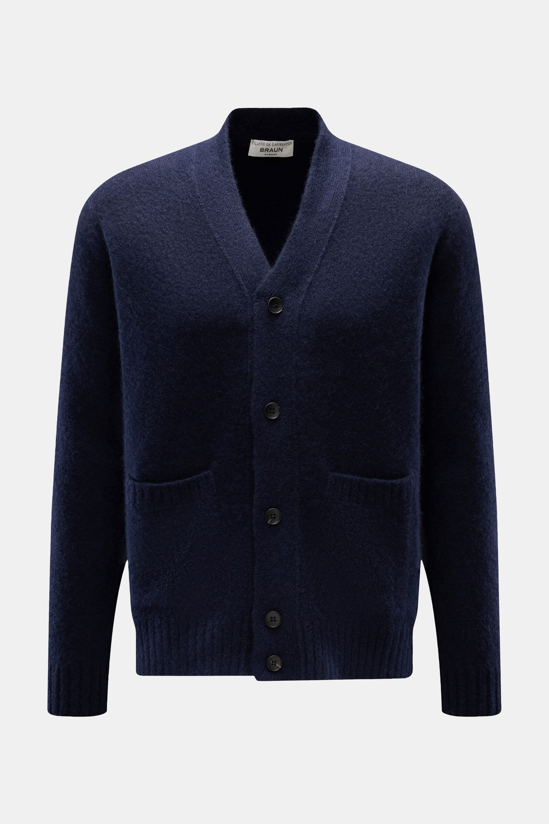 Filippo de Laurentiis Cardigan navy, frontale Aufnahme, softer Mix aus Cashmere, Seide, Microfaser, Regular Fit, 5 Knöpfe, Hüfttaschen, Rippbündchen.