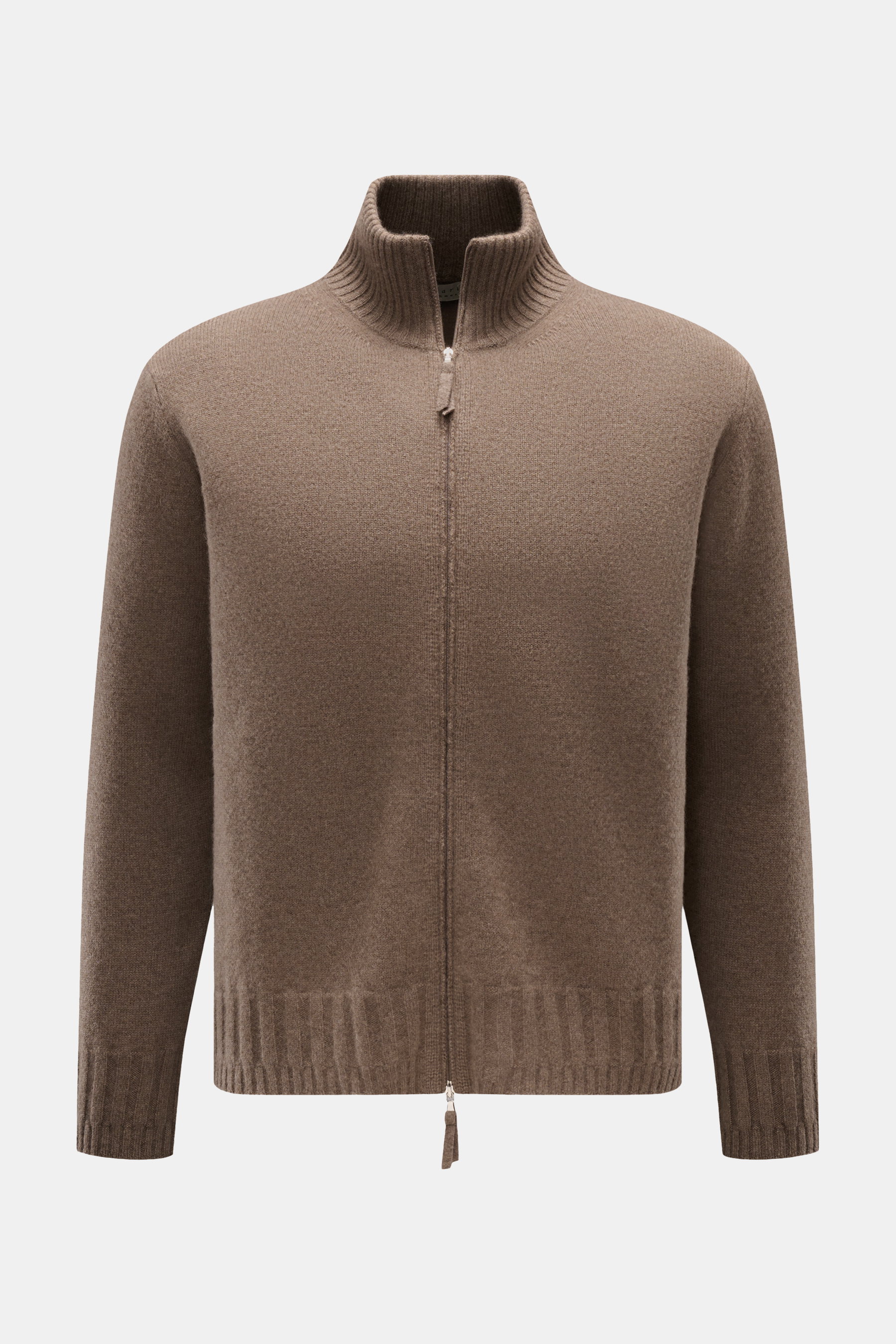 Lunaria Cashmere Cashmere Strickjacke graubraun, Frontansicht, weicher Griff, Rippbündchen, Stehkragen, Zwei-Wege-Reißverschluss, Regular Fit.