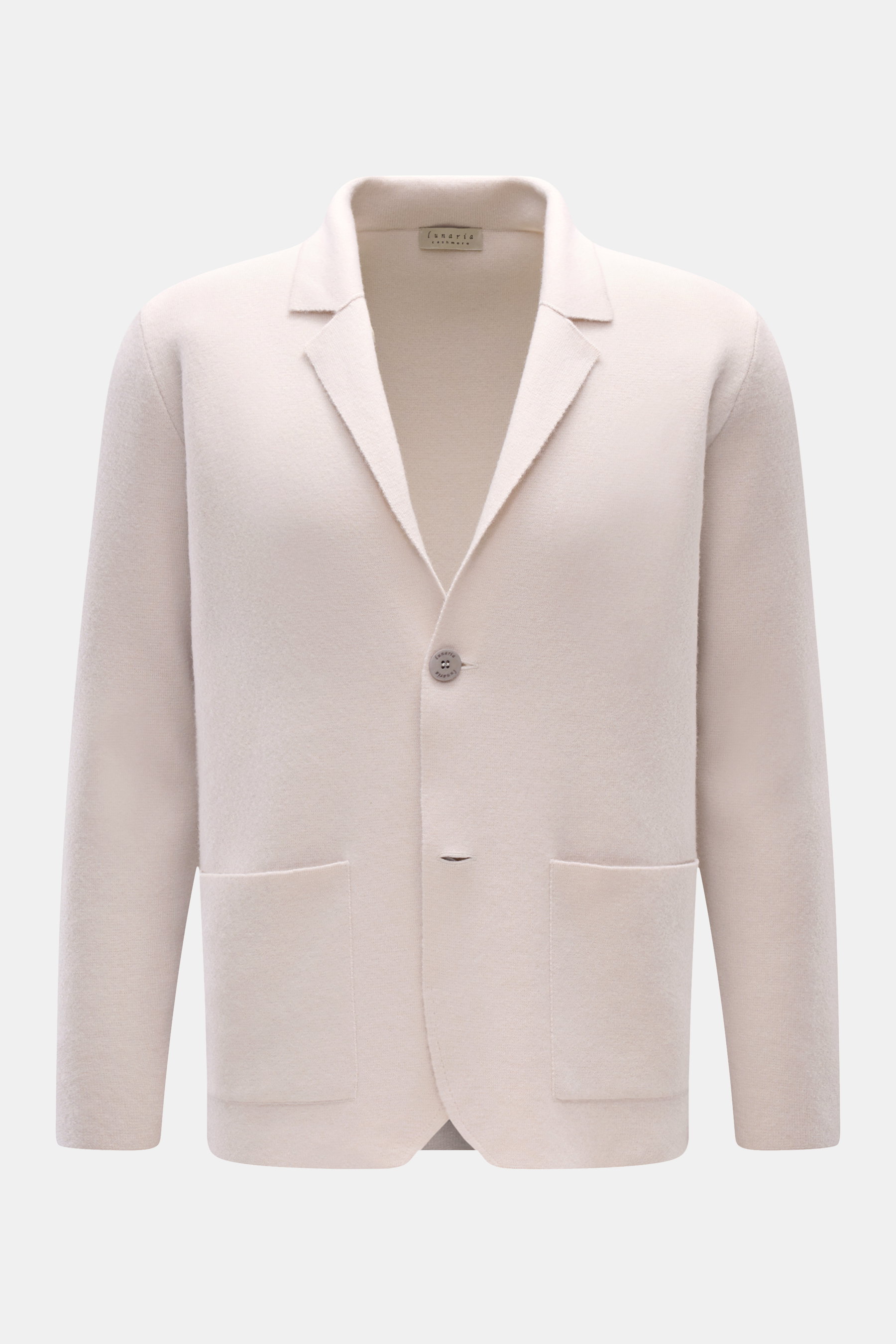 Lunaria Cashmere Cashmere Cardigan sand, frontal fotografiert, softes Cashmere, Reverskragen, Regular Fit, zwei Knöpfe, aufgesetzte Taschen, feines Strickbild