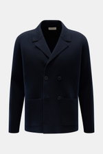 Front view of the Lunaria Cashmere Cashmere Cardigan navy, a double-breasted, regular fit cardigan made from pure, soft cashmere with a fine knit texture, featuring a notch lapel collar and two patch pockets, showcasing Italian refinement for sophisticate