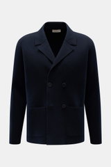 Front view of the Lunaria Cashmere Cashmere Cardigan navy, a double-breasted, regular fit cardigan made from pure, soft cashmere with a fine knit texture, featuring a notch lapel collar and two patch pockets, showcasing Italian refinement for sophisticate