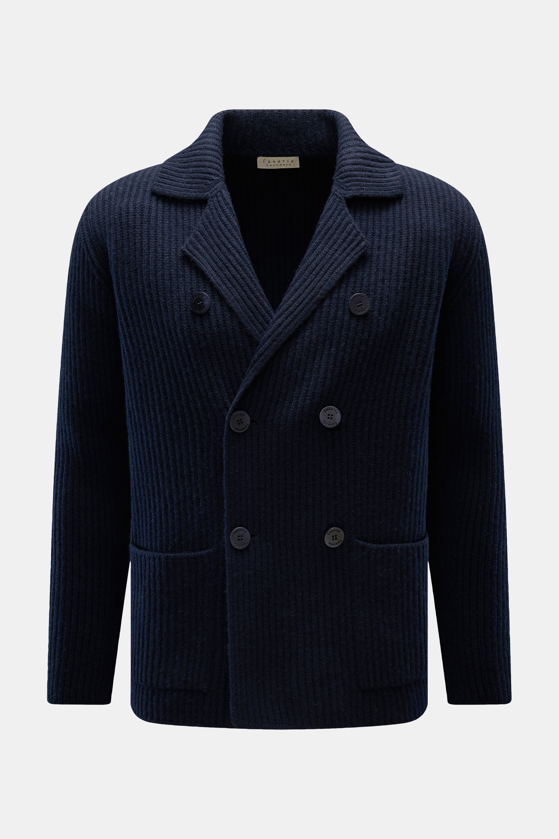 Lunaria Cashmere Cashmere Cardigan navy, frontale Aufnahme, zweireihiger Drei-Knopf-Stil, Reverskragen, weicher Griff, voluminöses Patent-Strickmuster, aufgesetzte Hüfttaschen.