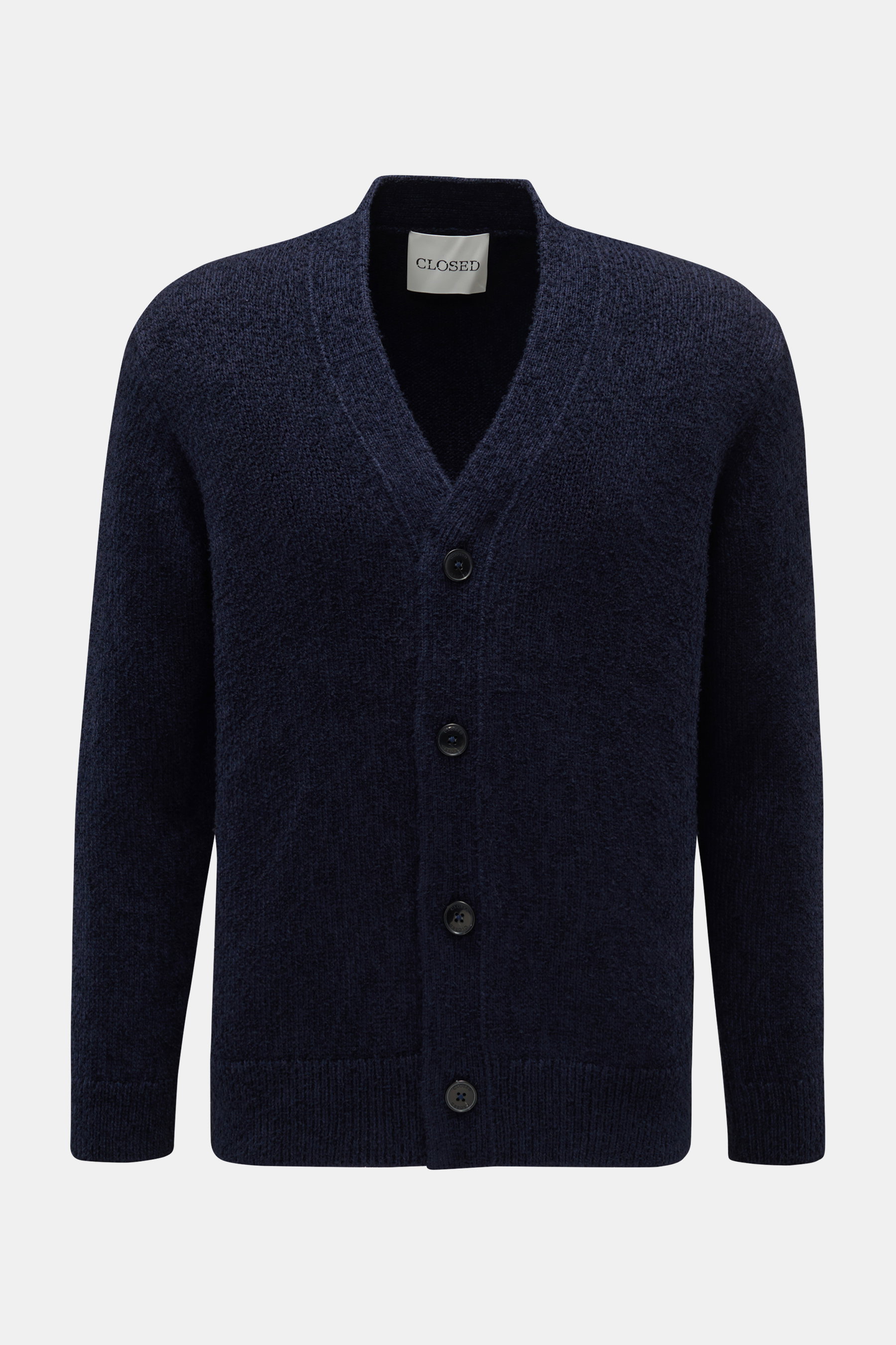 Closed Cardigan navy aus Baumwoll-Mix mit Wolle, Bouclé-Strick, Raglanärmel, Vier-Knopf-Leiste, Rippbündchen, Frontansicht, Regular Fit.