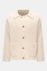 Ami Paris Cardigan creme, Frontansicht, grober Rippstrick aus Wolle, Baumwolle, Alpaka, Oversized Fit, Umlegekragen, 5 Knöpfe, Hüfttaschen.