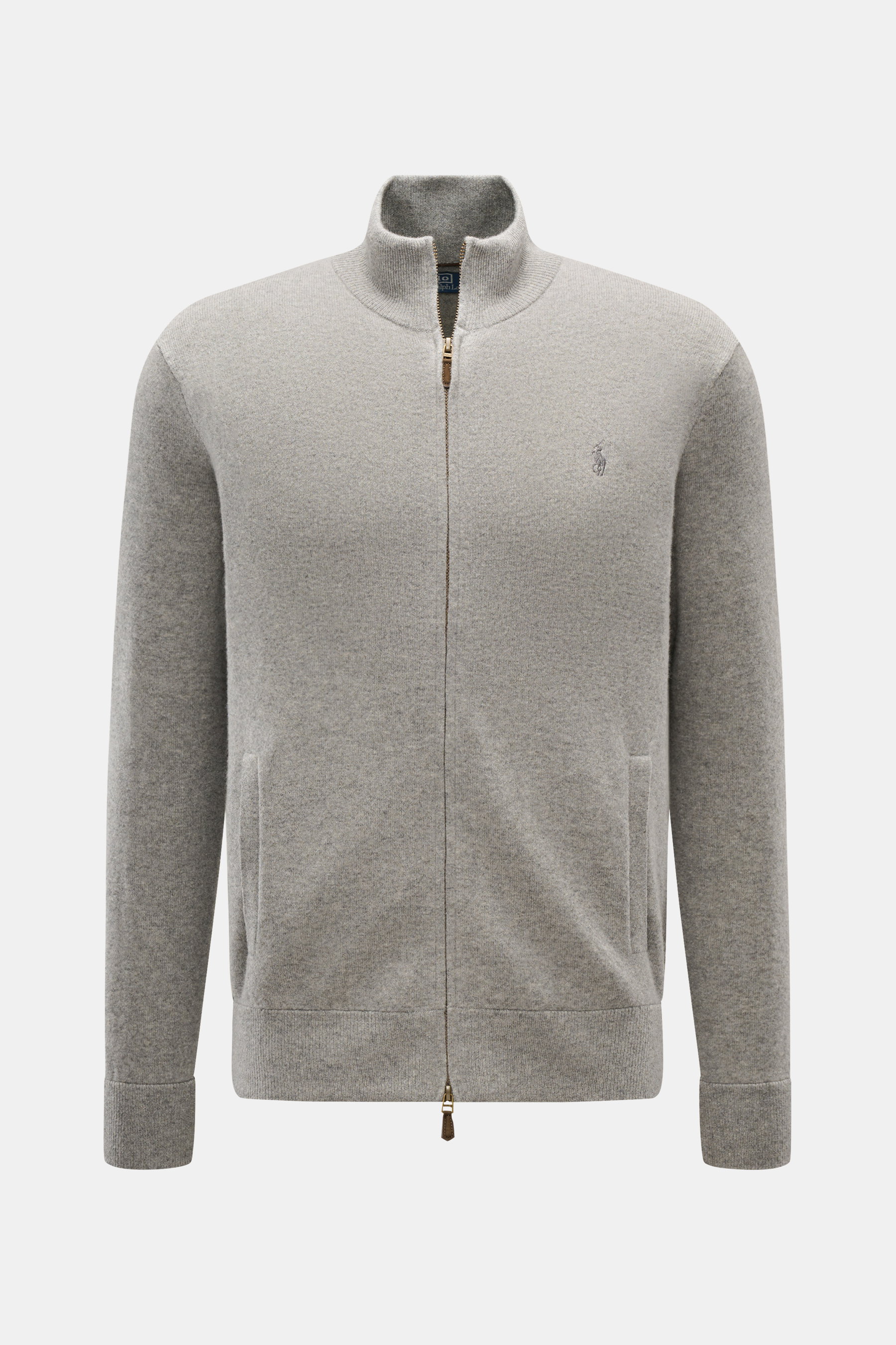 Polo Ralph Lauren Strickjacke grau meliert, frontale Ansicht, reine Wolle, weicher Griff, Stehkragen, Zwei-Wege-Reißverschluss, Regular Fit, schräge Taschen.