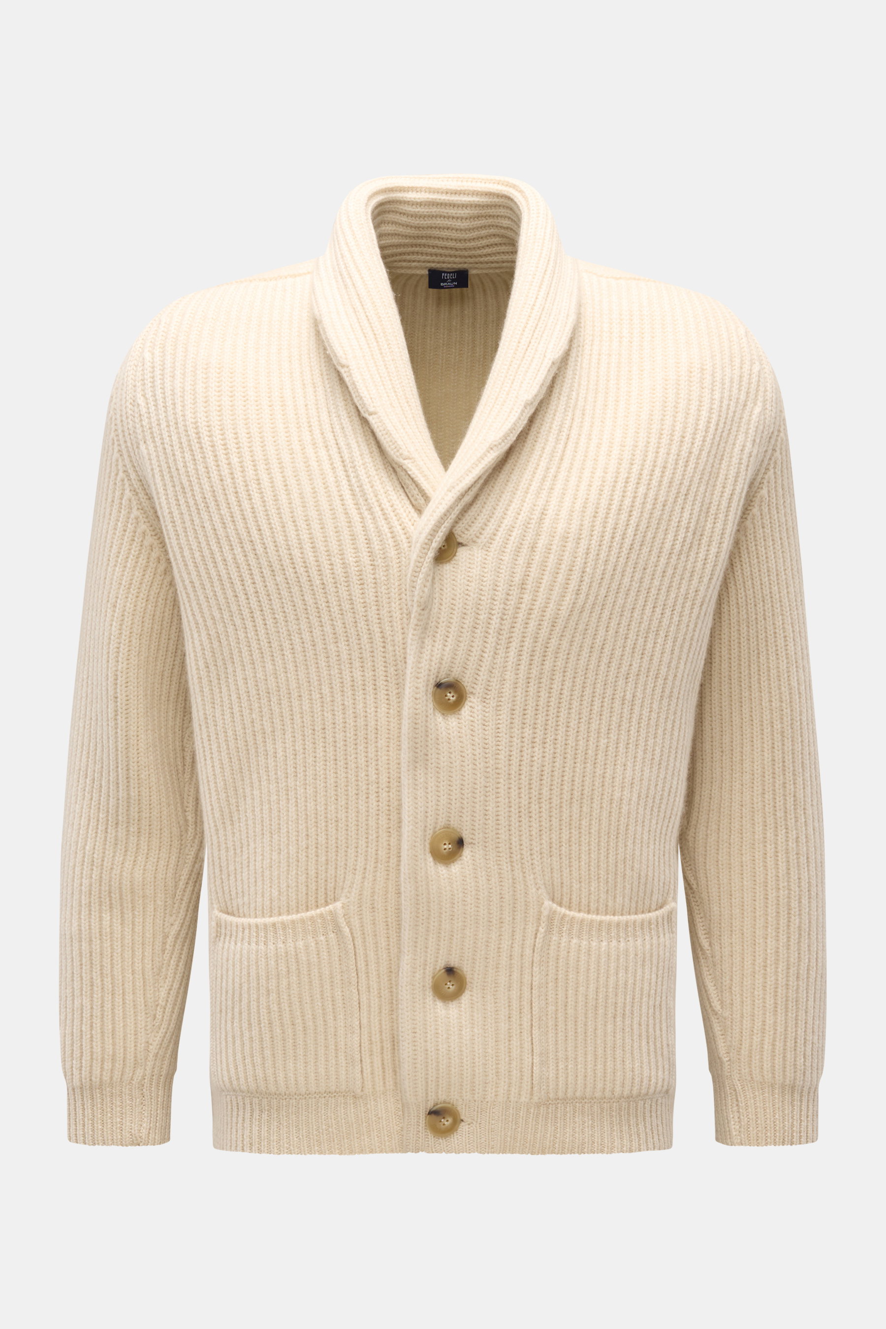 Fedeli Cashmere Cardigan 'Terminillo' creme, grob gestrickt, Schalkragen, fünf Hornknöpfe, Hüfttaschen, Rippbündchen, Frontansicht, Regular Fit.