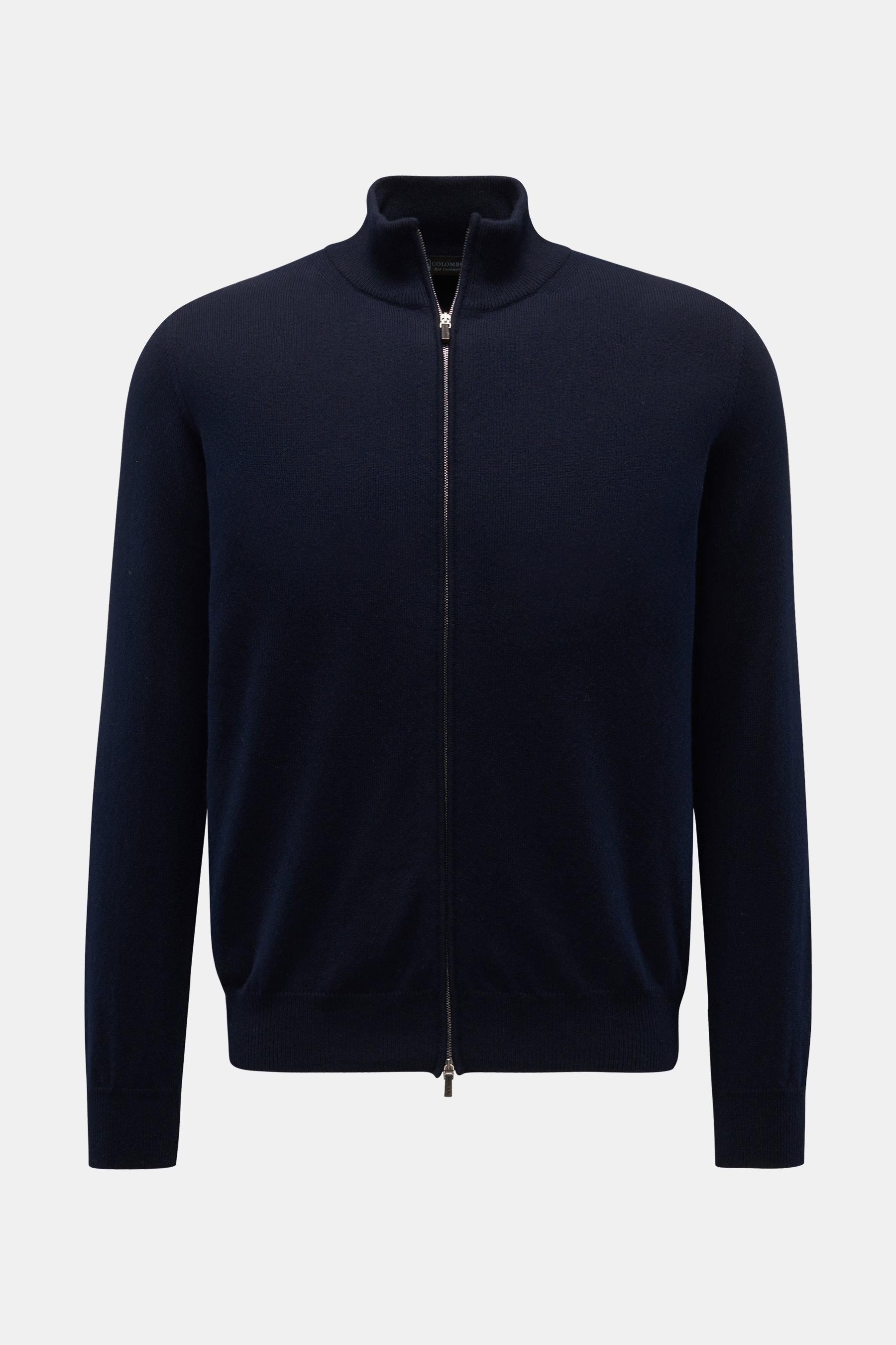 Colombo Cashmere Strickjacke navy, frontale Aufnahme, Slim Fit, reiner Kid Cashmere, weicher Griff, sehr feines Strickbild, leichte Qualität, anliegender Stehkragen, feiner Zwei-Wege-Reißverschluss mit Pull-Tabs aus Horn, flexible Rippbündchen.