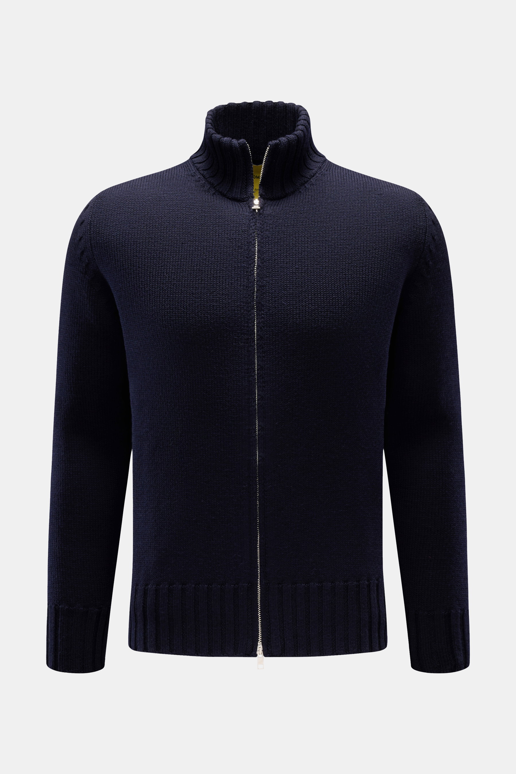 B.F. Knitwear Merino Strickjacke navy, frontale Ansicht, Slim Fit, Stehkragen, Zwei-Wege-Reißverschluss, aus weicher Merinowolle, mittelgrobes Strickbild.
