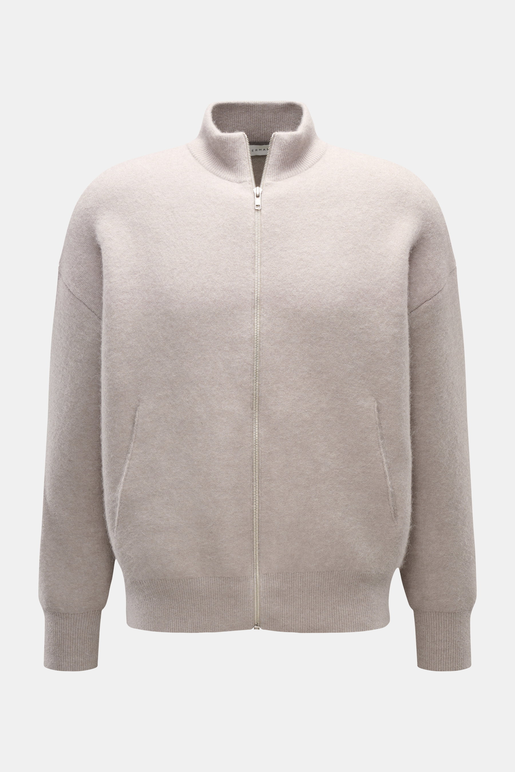 Kiefermann Strickjacke 'Fabions' hellgrau meliert, Frontansicht, Blouson-Stil, warmes Alpaka-Merino-Material, Oversized Fit, Reißverschluss, schräge Taschen.