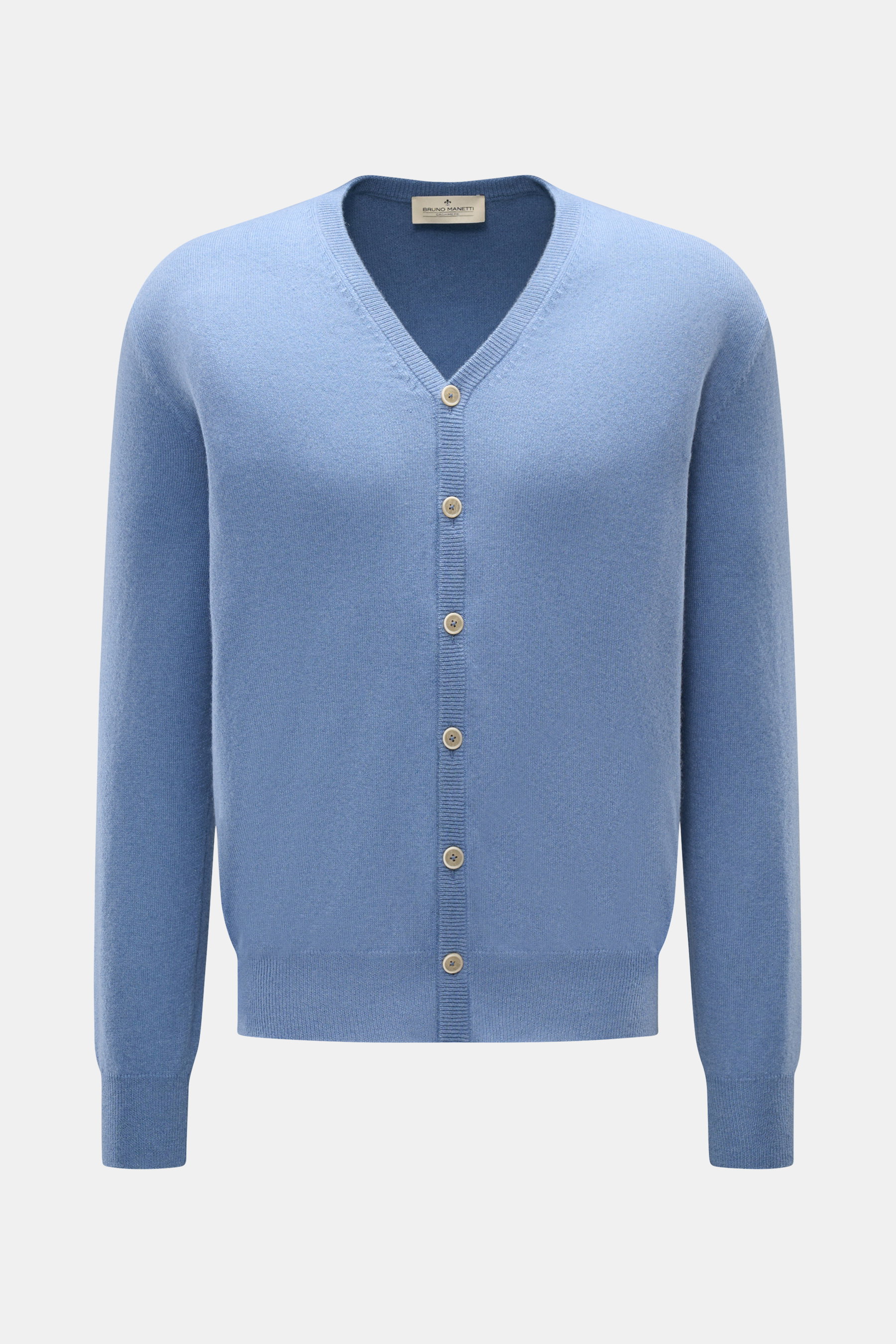 Bruno Manetti Cashmere Cardigan rauchblau, Frontansicht, reiner Cashmere, weicher Griff, feines Strickbild, Regular Fit, V-Neck, Sechs-Knopf-Leiste, Rippbündchen