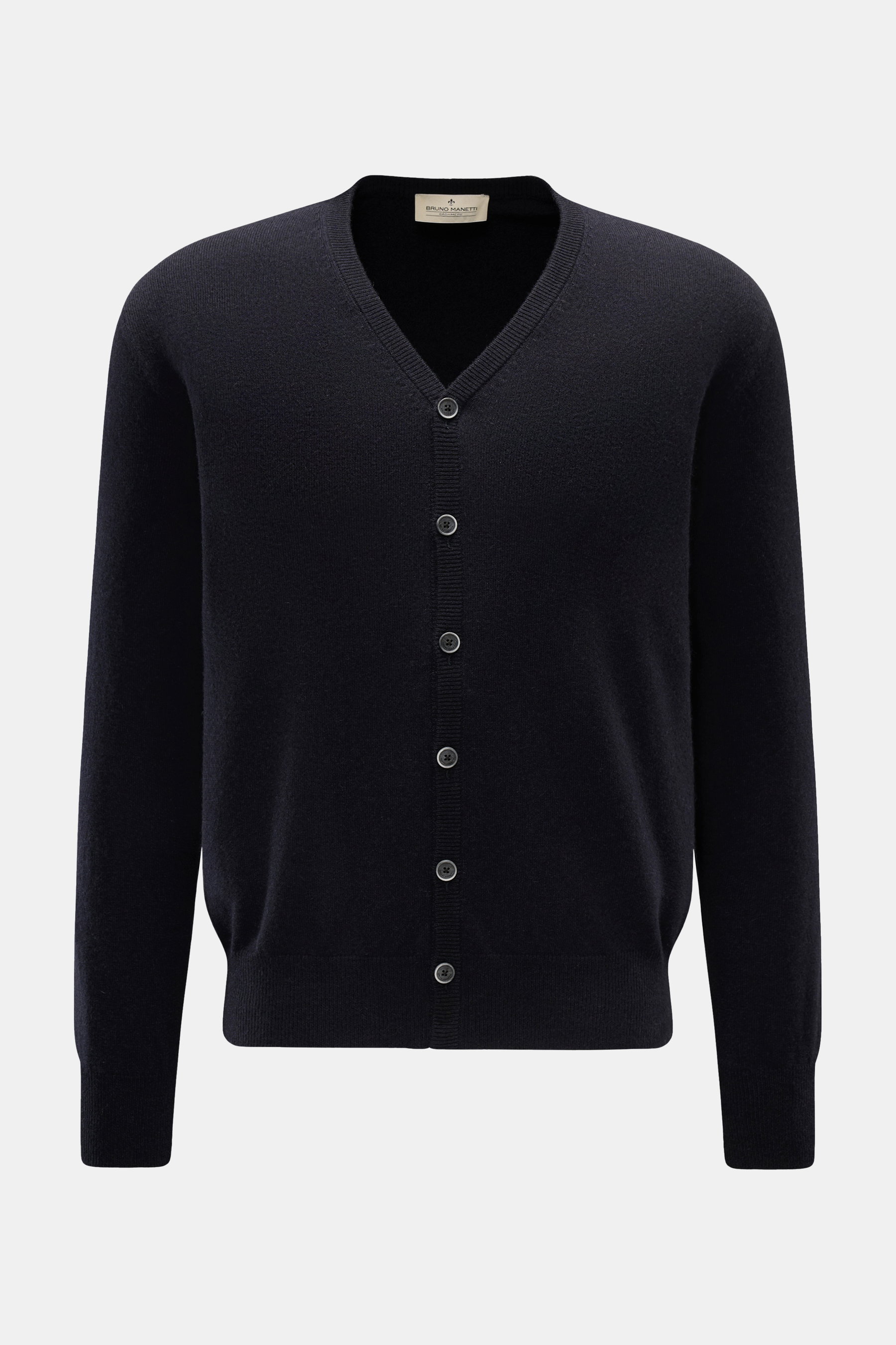 Bruno Manetti Cashmere Cardigan dark navy, Frontansicht, reiner Cashmere, weicher Griff, feines Strickbild, Regular Fit, V-Neck, Sechs-Knopf-Leiste, Rippbündchen.