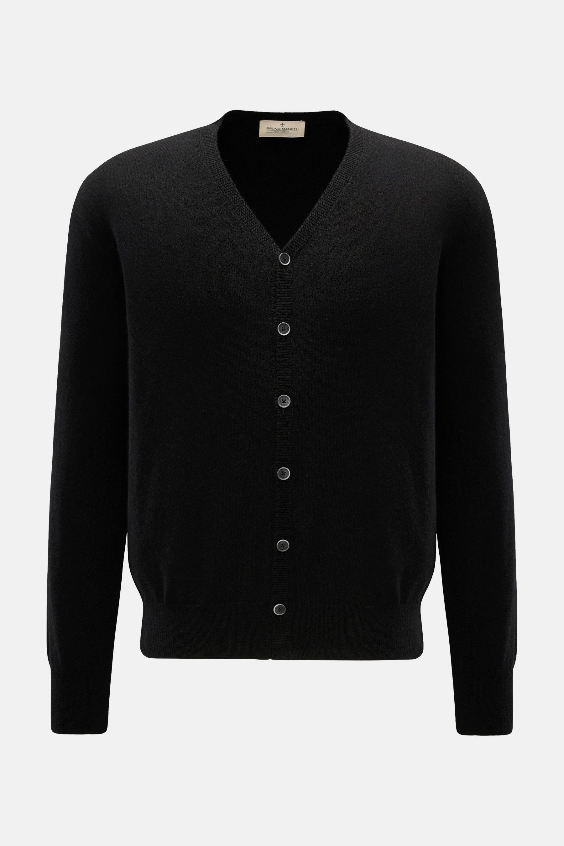 Bruno Manetti Cashmere Cardigan schwarz, frontal fotografiert, mit V-Neck, sechs-Knopf-Leiste, Rippbündchen, Regular Fit, feinem Strickbild, weichem Griff, reiner Cashmere.
