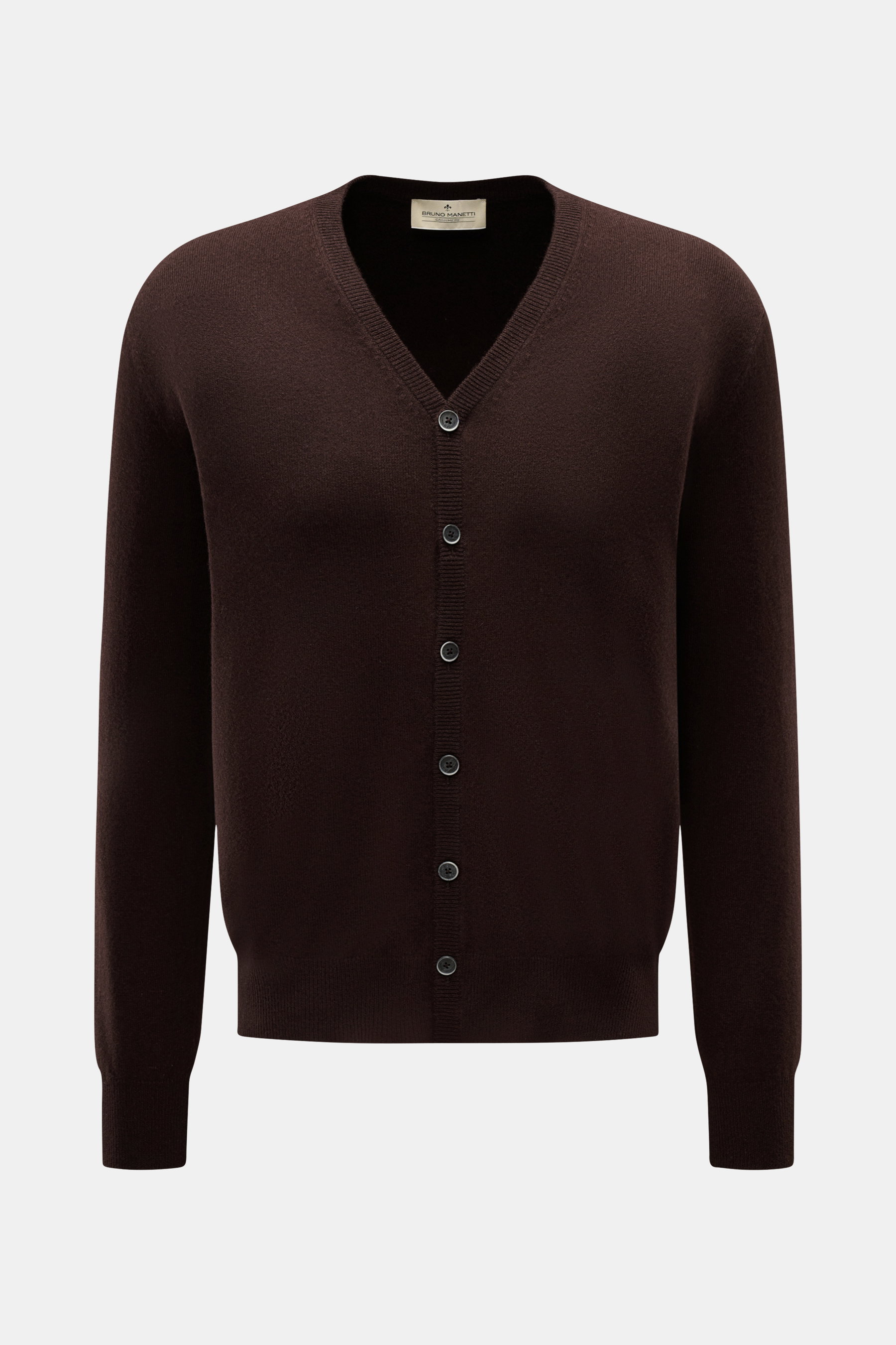 Bruno Manetti Cashmere Cardigan dunkelbraun, frontal fotografiert, reiner Cashmere, weicher Griff, feines Strickbild, Regular Fit, V-Neck, Sechs-Knopf-Leiste, komfortable Rippbündchen.
