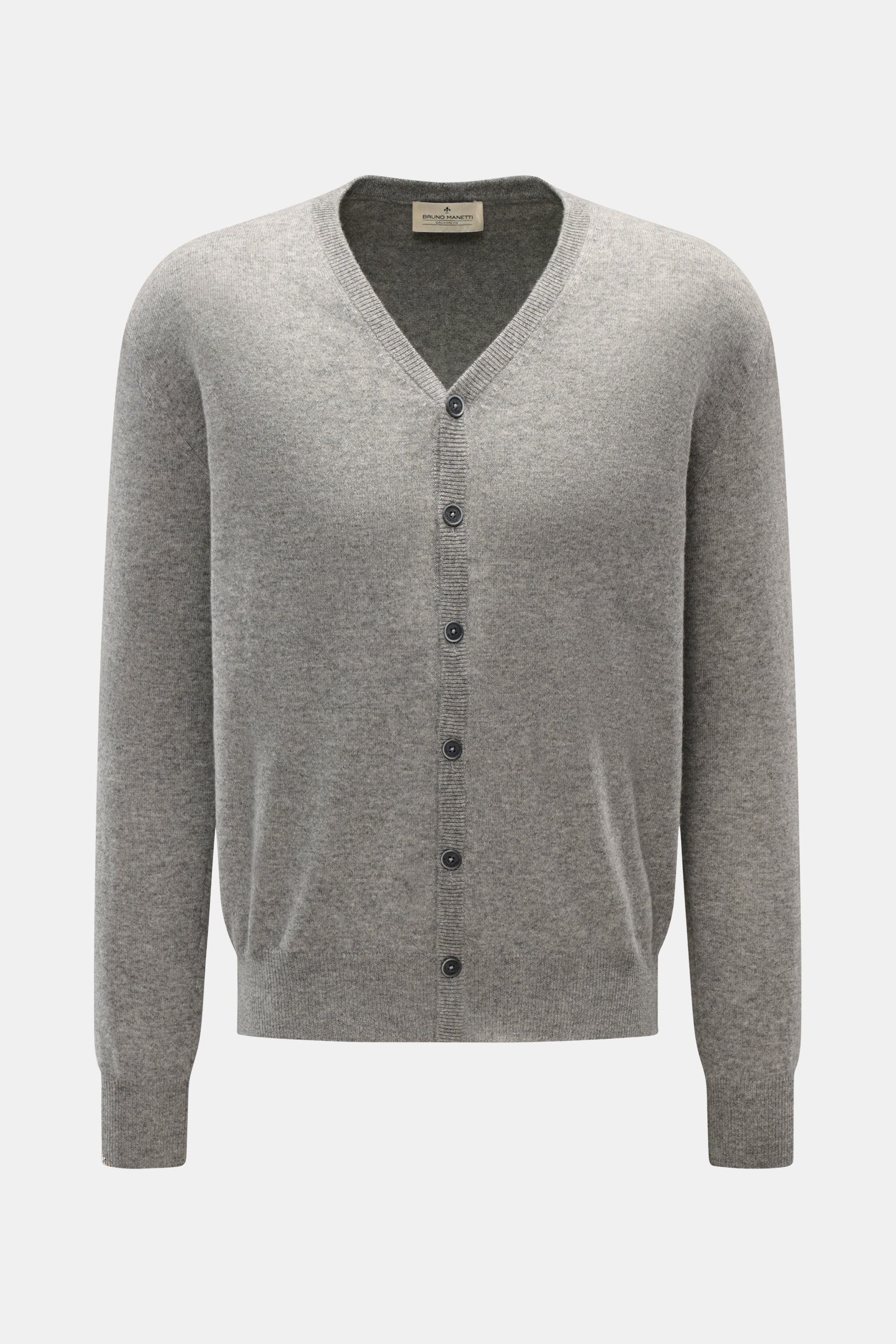 Bruno Manetti Cashmere Cardigan grau meliert, Frontansicht, reiner Cashmere, weicher Griff, feines Strickbild, Regular Fit, V-Neck, Sechs-Knopf-Leiste, komfortable Rippbündchen