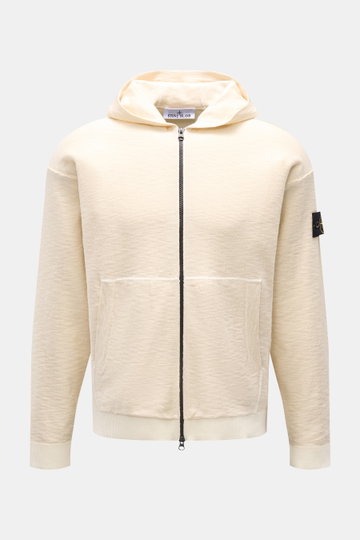 Stone Island Sweatjacke creme, frontale Ansicht, mit Kapuze, Reißverschluss, Kängurutasche, Kompass-Badge am Ärmel, links gestrickt, Regular Fit.