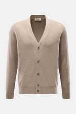 Fioroni Cashmere Cardigan taupe meliert, Slim Fit, aus weichem reinem Baby-Cashmere, feines Strickbild, glatte Knopfleiste, flexible Rippbündchen, Frontansicht.