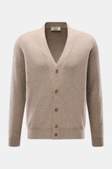 Fioroni Cashmere Cardigan taupe meliert, Slim Fit, aus weichem reinem Baby-Cashmere, feines Strickbild, glatte Knopfleiste, flexible Rippbündchen, Frontansicht.