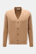 Front view of Fioroni Cashmere cardigan light brown mottled, slim fit with smooth button placket, flexible ribbed bands, fine knit, and very soft pure baby cashmere craftsmanship from Italy.
